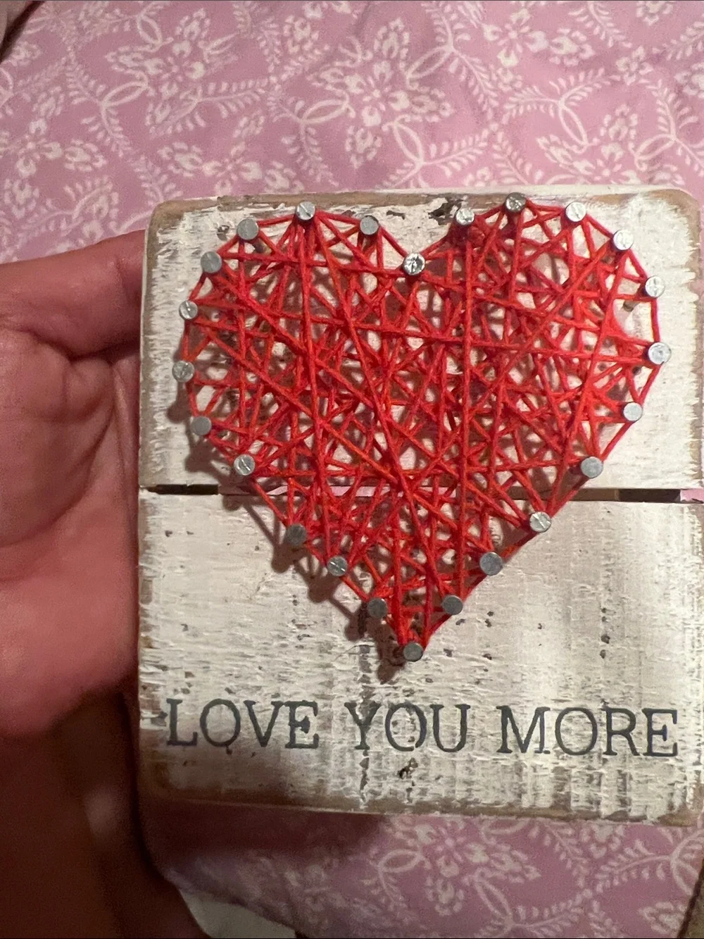 Rustic String Art Heart Sign - Red Heart, White Wood